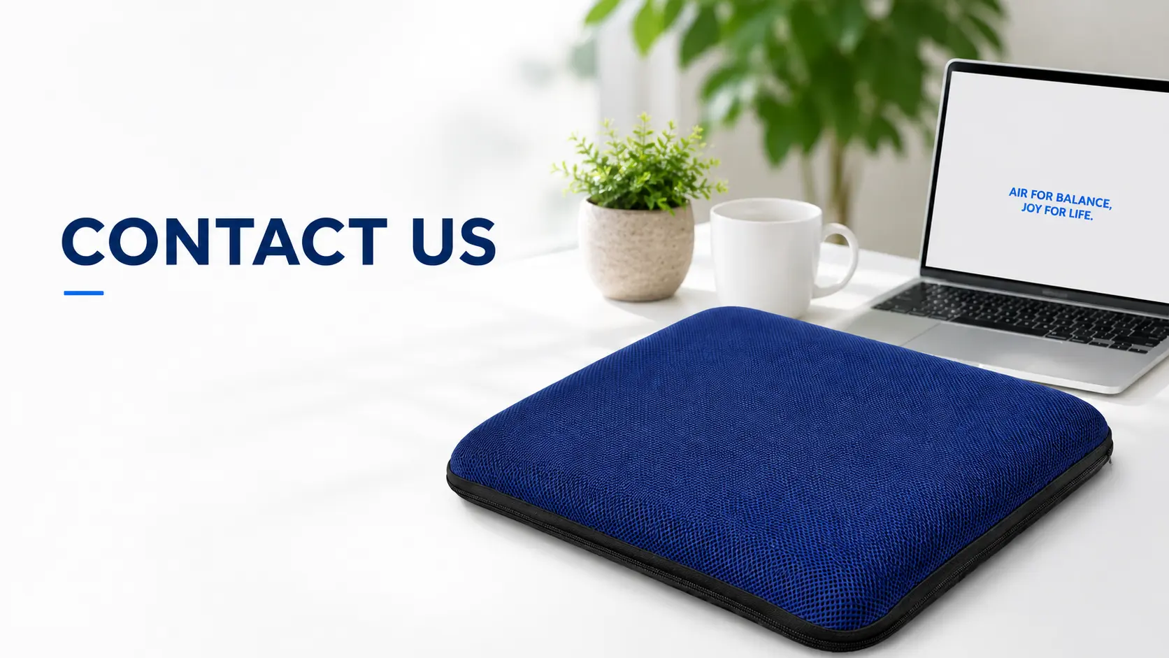 AJ Air Cushion contact us banner with blue 3D mesh air seat cushion and customer support workspace