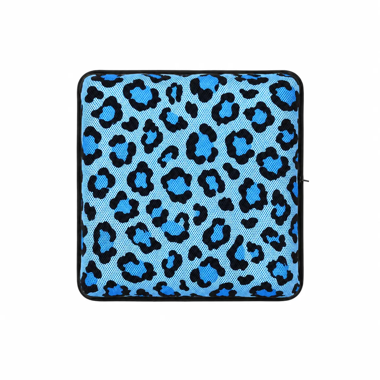 A top-down photograph on a white background showing a square AJ air cushion with a bright blue and black leopard print pattern and black piped edges.