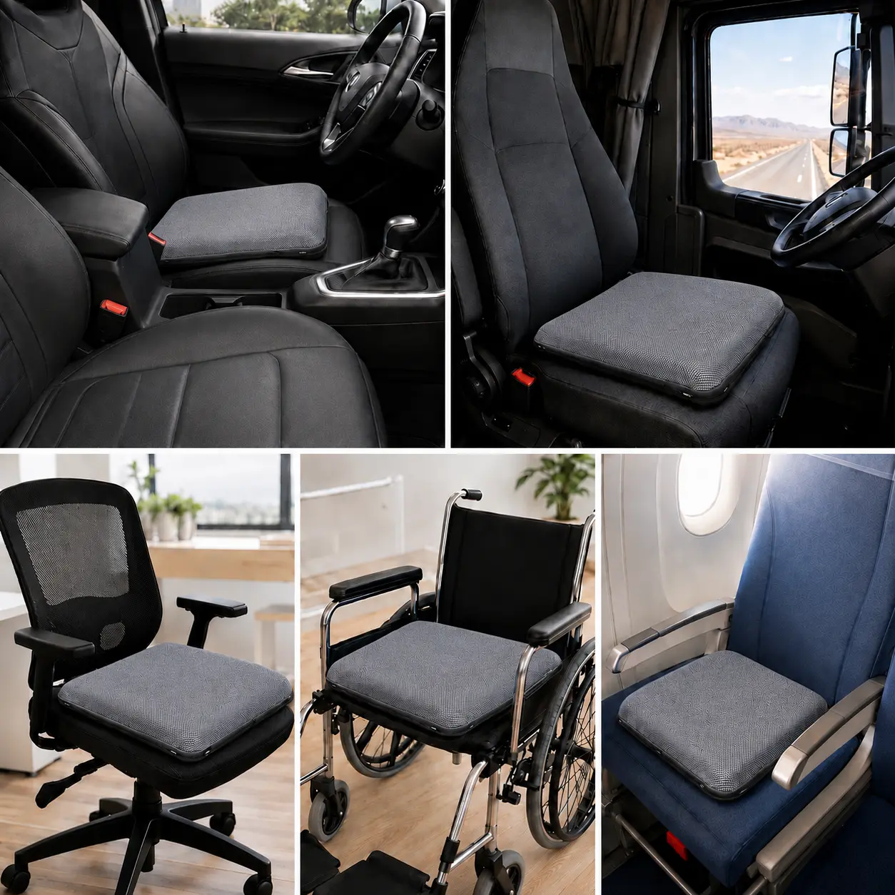 AJ Slate Gray 3D Mesh Air Seat Cushion shown in car, office, wheelchair, travel and everyday seating scenarios