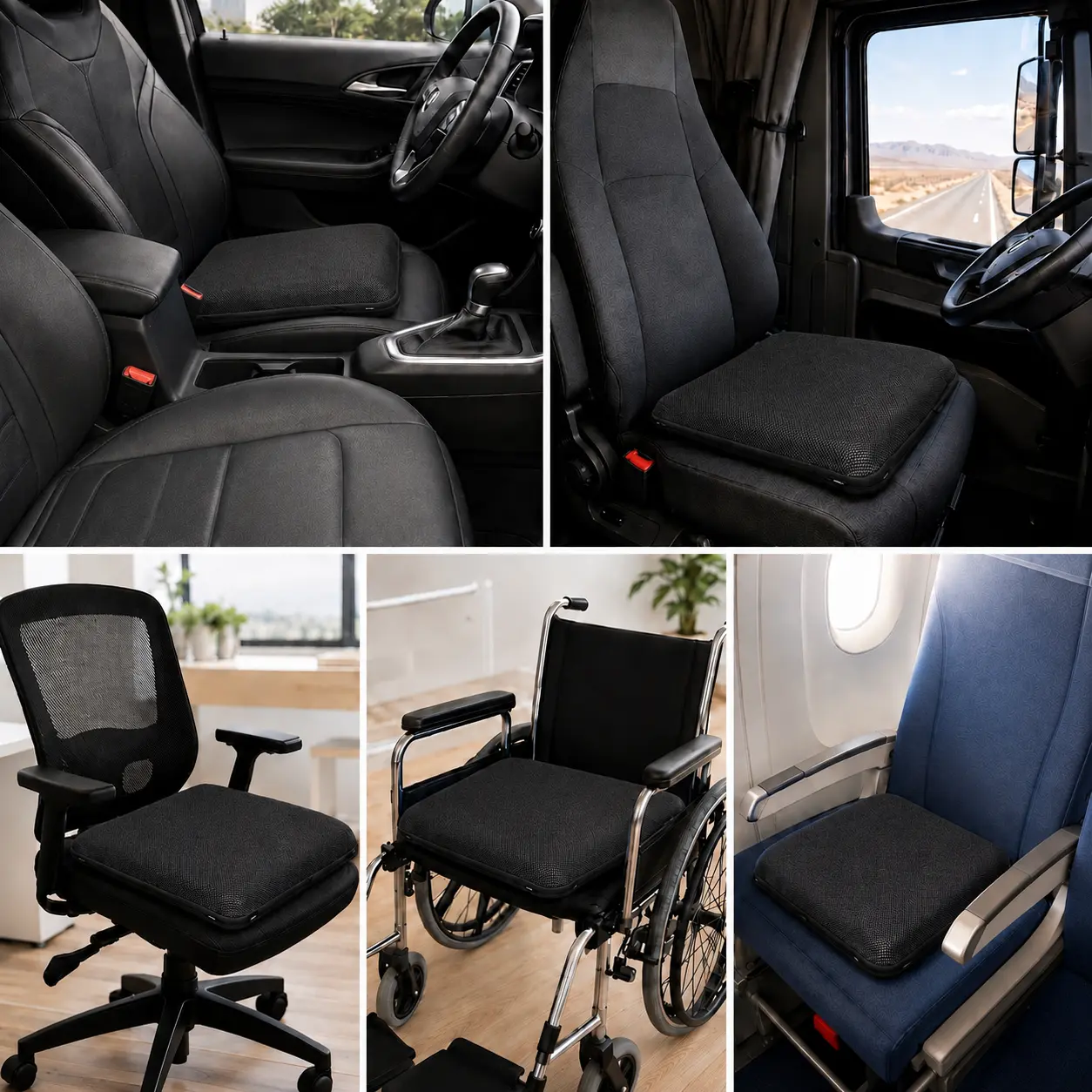 AJ Midnight Black 3D Mesh Air Seat Cushion shown in car, office, wheelchair, travel and everyday seating scenarios