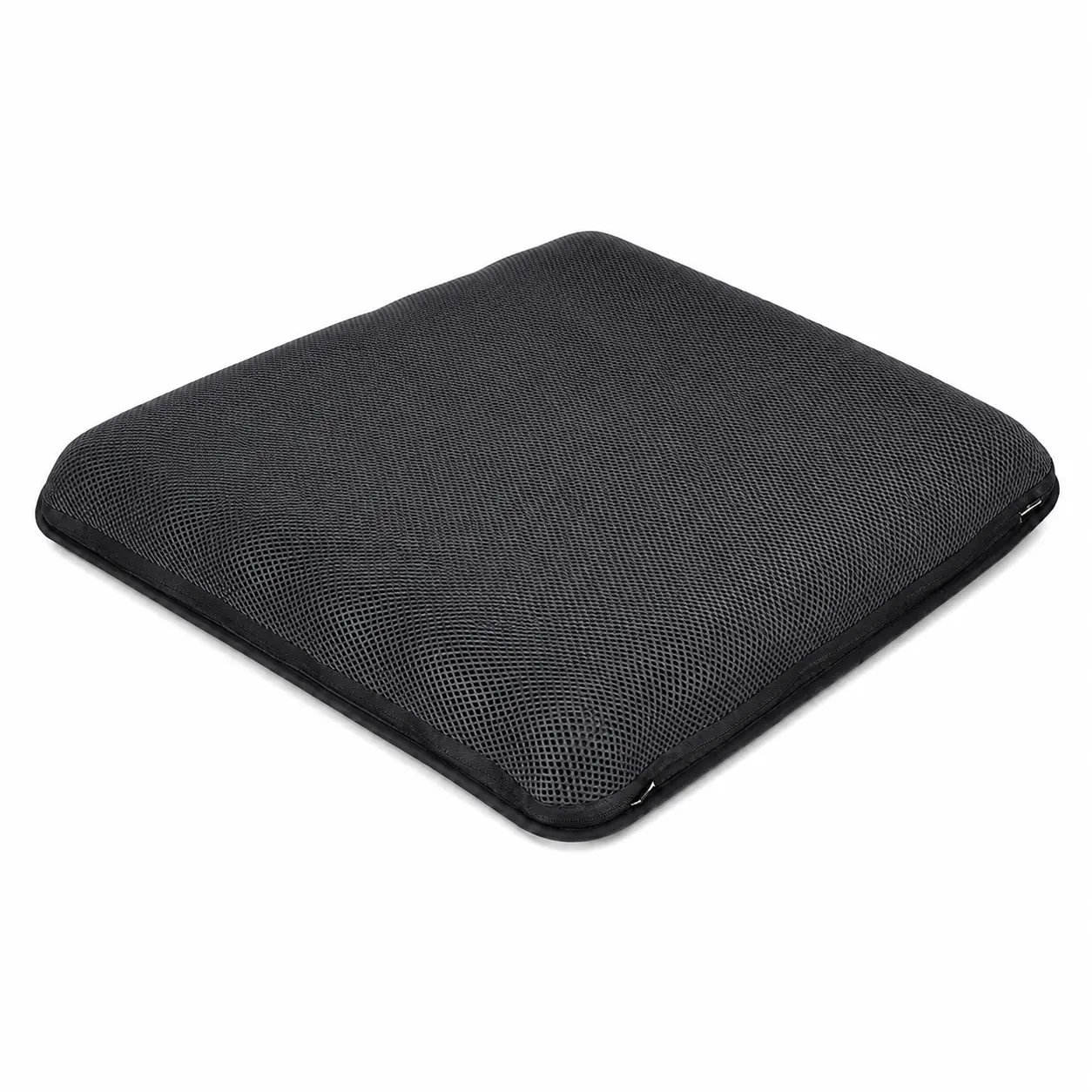 AJ Midnight Black 3D Mesh Air Seat Cushion shown from an angled product view to highlight shape and surface finish