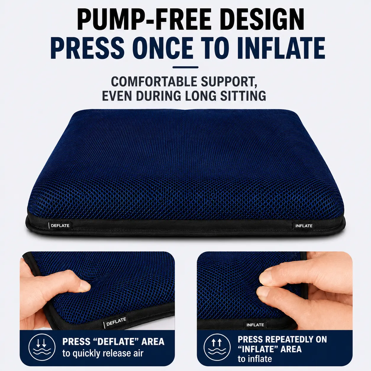 AJ Navy Blue 3D Mesh Air Seat Cushion explaining the built-in press-to-inflate air support design