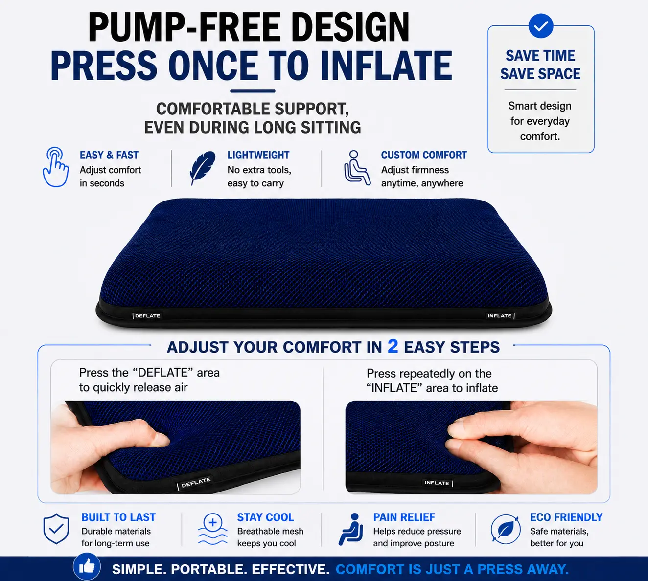 AJ Air Cushion pump-free press-to-inflate and deflate controls