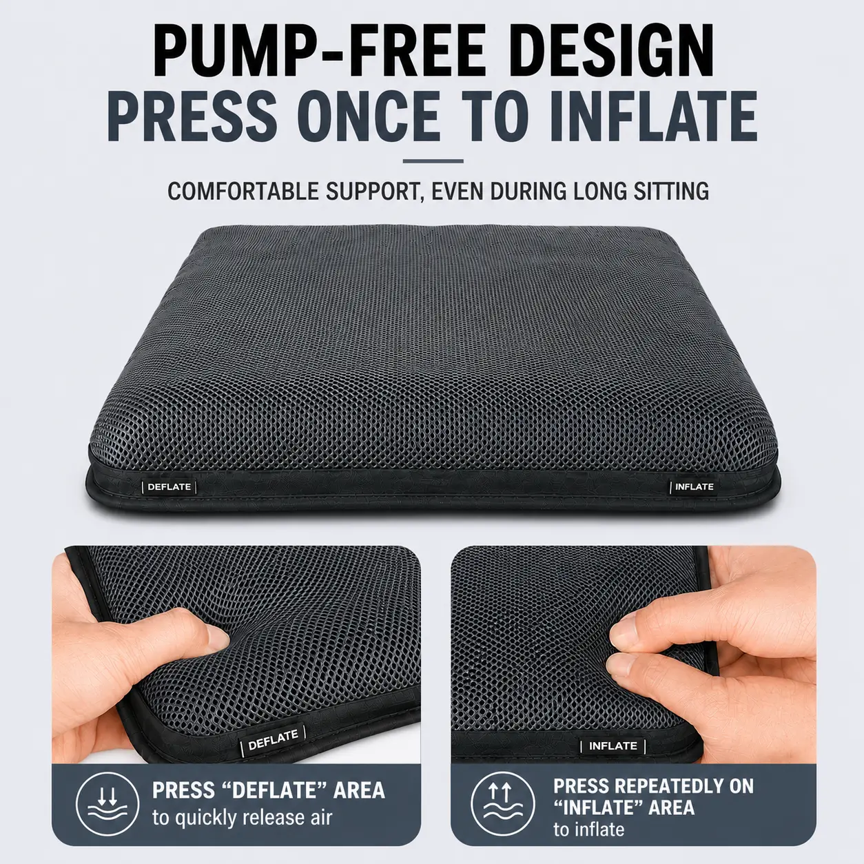 AJ Slate Gray 3D Mesh Air Seat Cushion explaining the built-in press-to-inflate air support design
