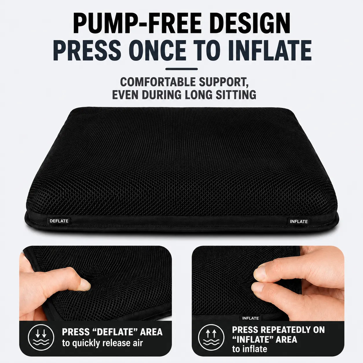 AJ Midnight Black 3D Mesh Air Seat Cushion explaining the built-in press-to-inflate air support design