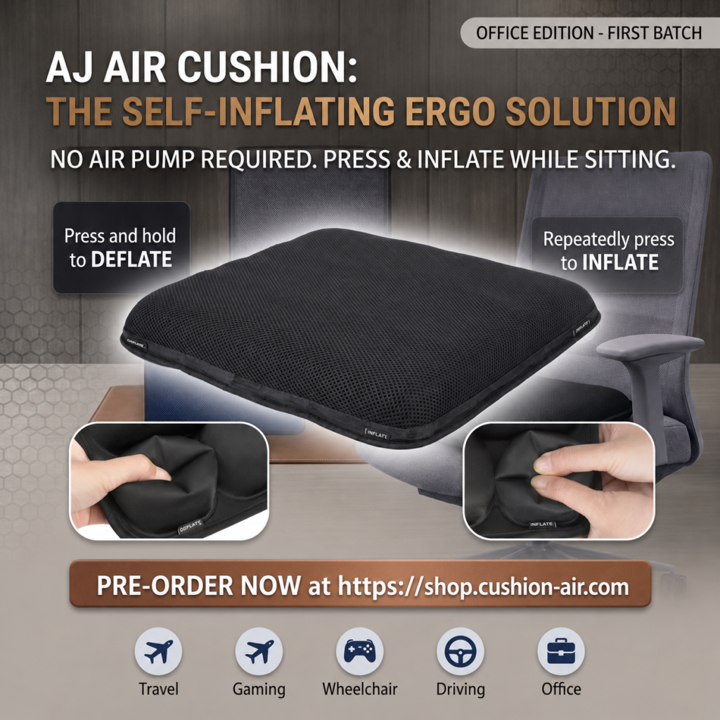 Black AJ Air Cushion Office Edition with built-in inflate and deflate controls for adjustable seated support