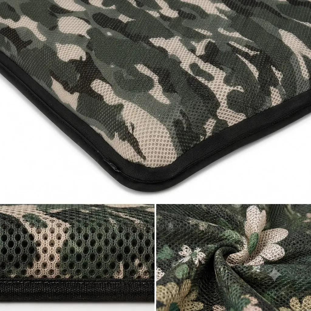 Close-up of AJ Green Camouflage 3D mesh fabric texture for breathable air seat cushion comfort