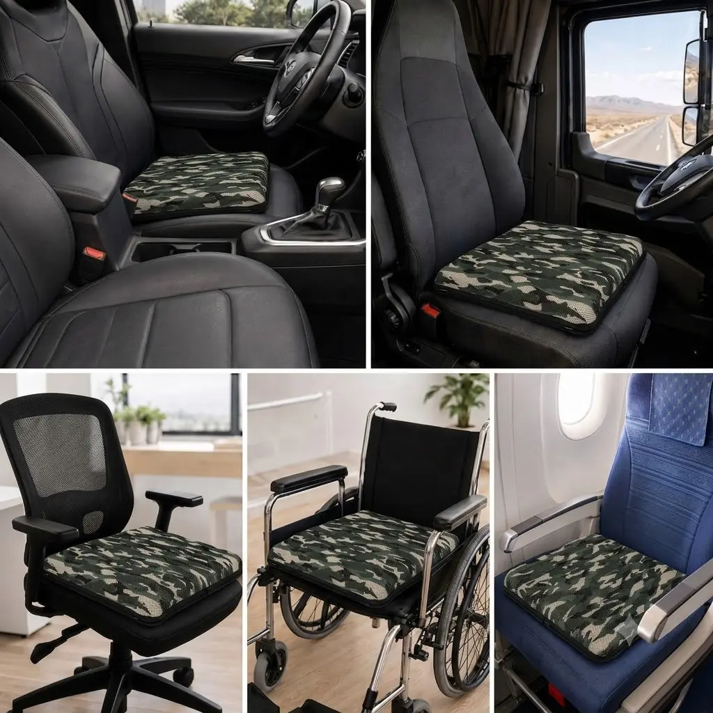 AJ Green Camouflage air seat cushion shown for car, truck, office chair, wheelchair, and airplane seating use