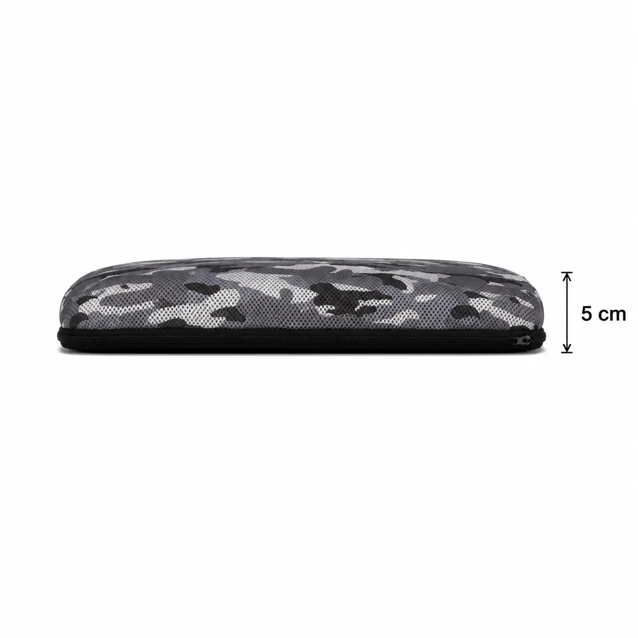 Side view of AJ Gray Camouflage 3D Mesh Air Seat Cushion showing 5 cm cushion thickness and rounded edge profile