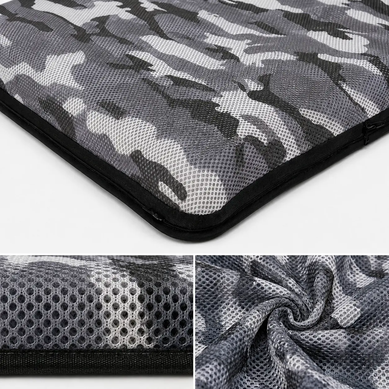 Close-up of AJ Gray Camouflage 3D mesh fabric texture for breathable air seat cushion comfort