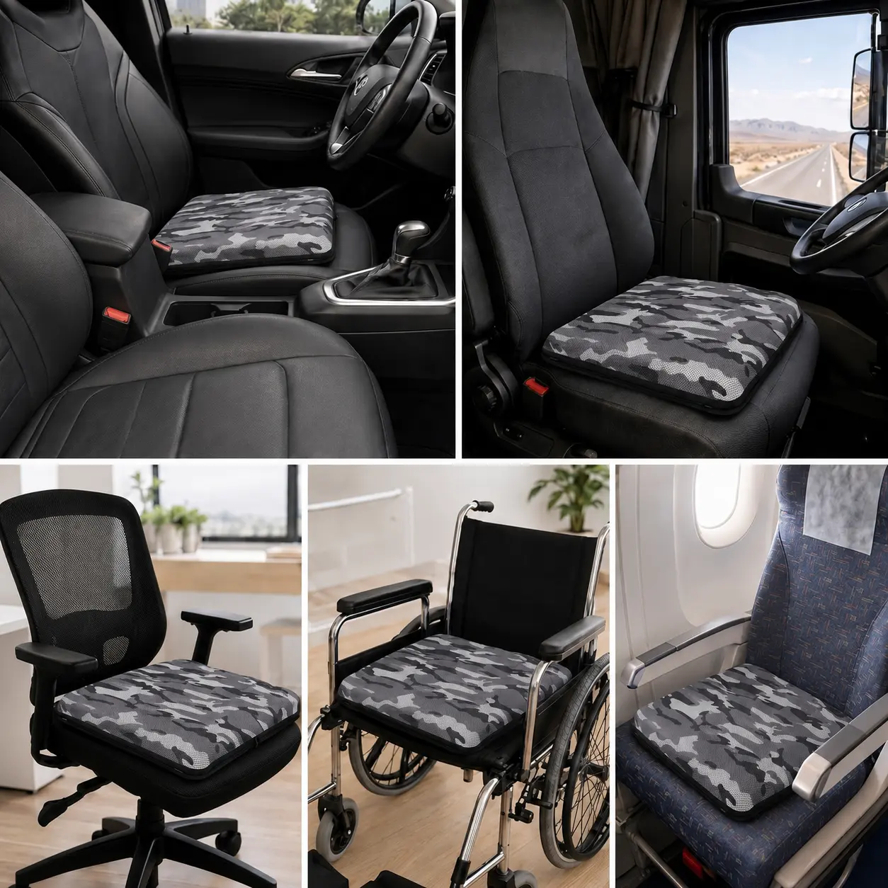 AJ Gray Camouflage air seat cushion shown for car, truck, office chair, wheelchair, and airplane seating use