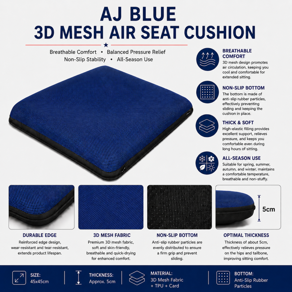 AJ blue 3D mesh air seat cushion with non-slip bottom and pressure-relief support.