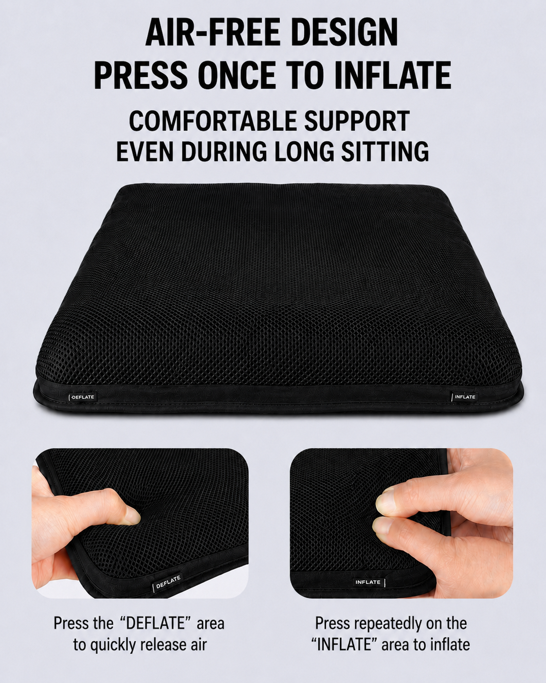 Hands operating built-in inflate and deflate controls on AJ Midnight Black air seat cushion