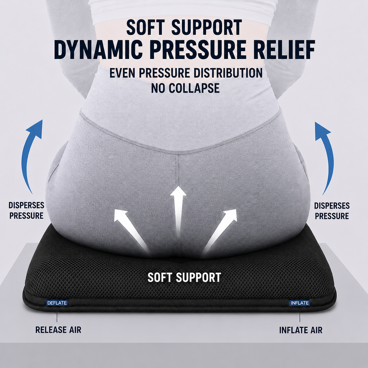 Person seated on AJ Midnight Black air cushion with arrows showing pressure distribution