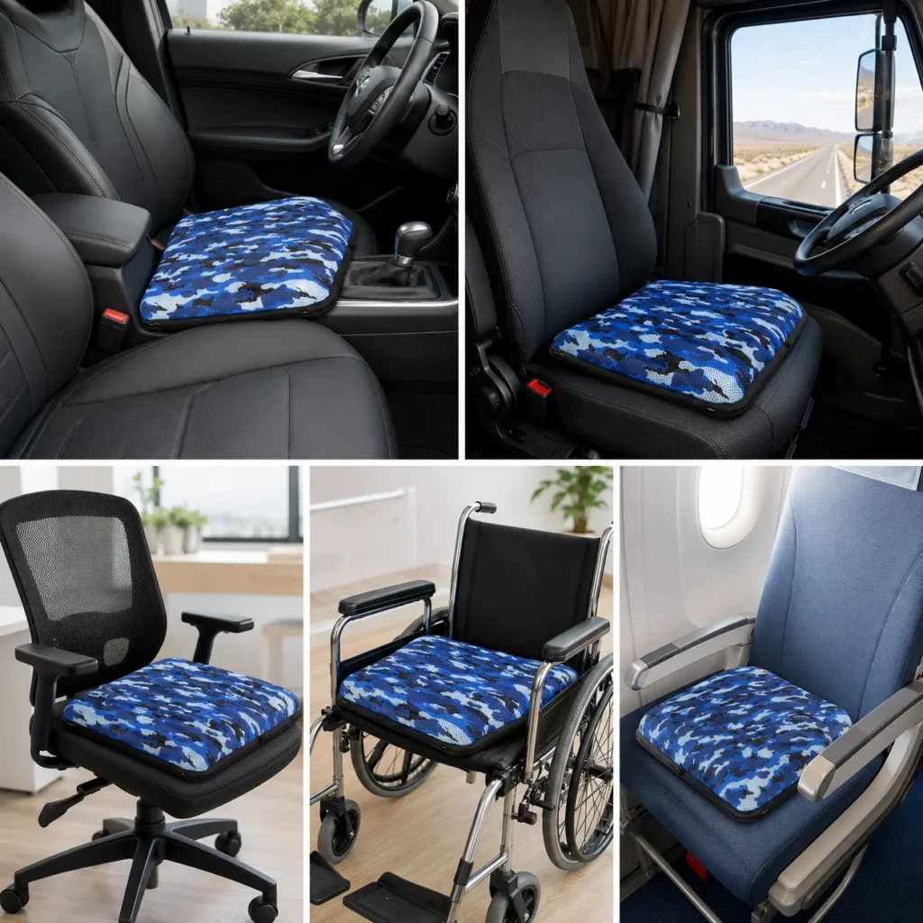 AJ Blue Camouflage air seat cushion shown for office, wheelchair, travel, and everyday seating use