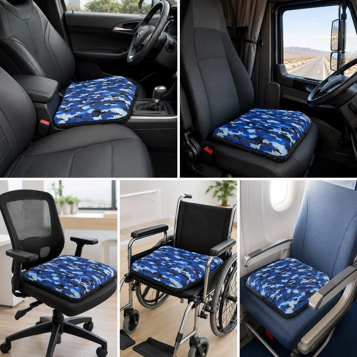 AJ Blue Camouflage 3D Mesh Air Seat Cushion shown in car, office, wheelchair, travel and everyday seating scenarios