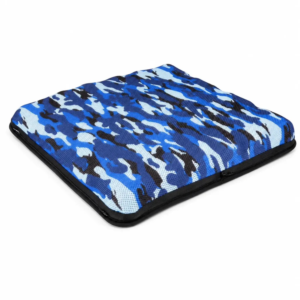 Side profile of AJ Blue Camouflage 3D Mesh Air Seat Cushion showing portable cushion shape and rounded edge profile