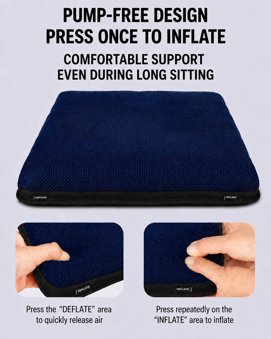 AJ Navy Blue air cushion with built-in inflate and deflate press controls