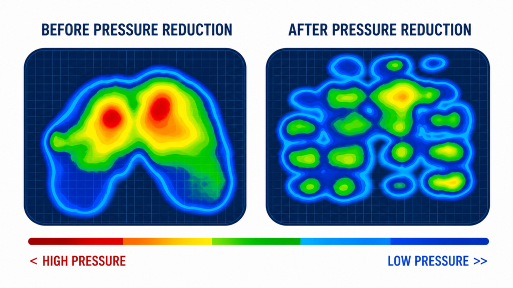 Pressure map comparing concentrated and distributed sitting pressure.