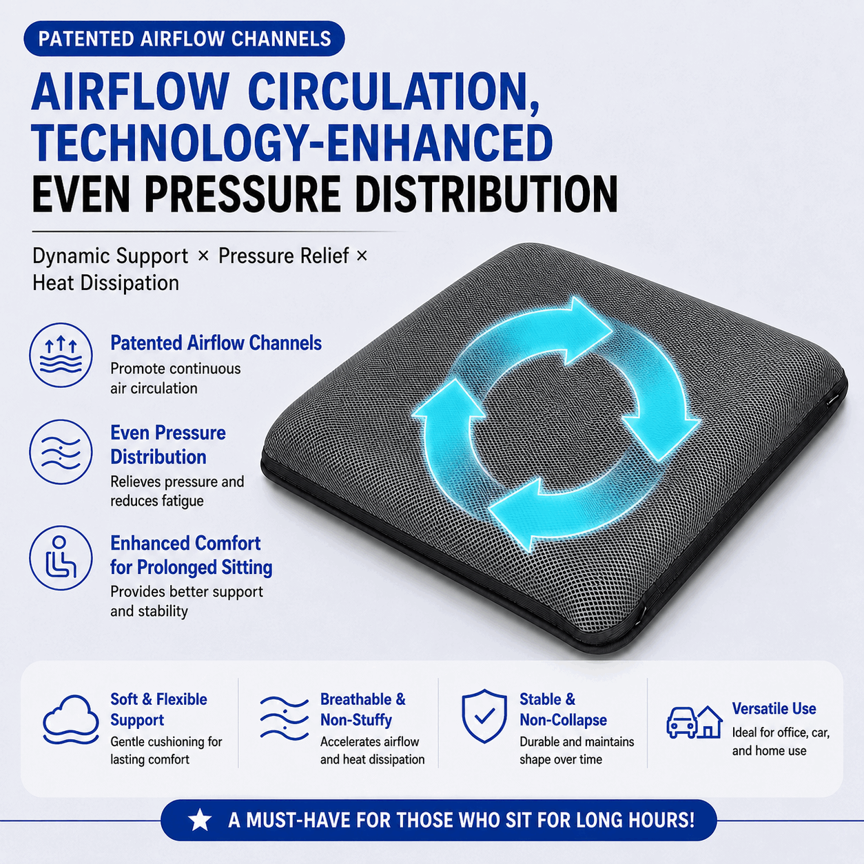 AJ Slate Gray air seat cushion with arrows showing airflow through patented channels