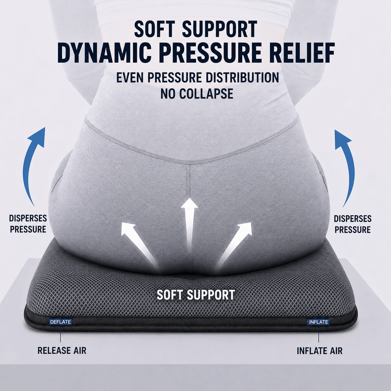 Person seated on AJ Slate Gray air cushion with arrows showing pressure distribution