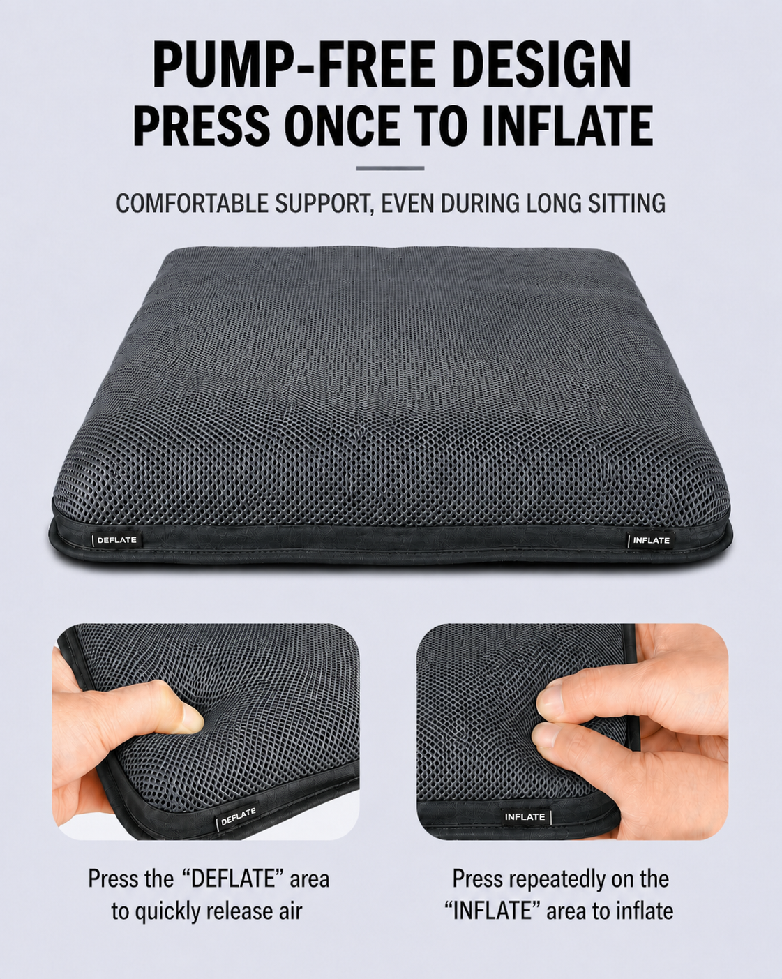 AJ Slate Gray air cushion with built-in inflate and deflate press controls