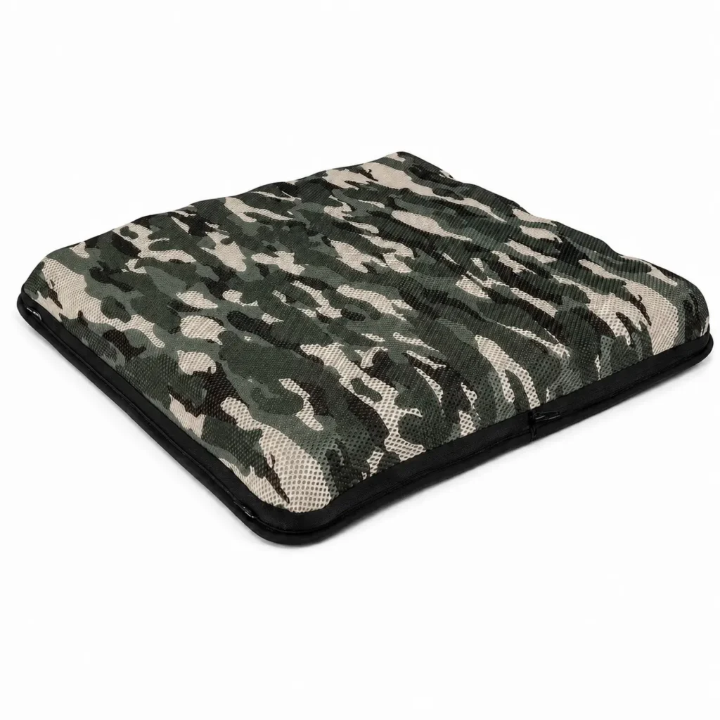 Side profile of AJ Green Camouflage 3D Mesh Air Seat Cushion showing portable cushion shape and rounded edge profile