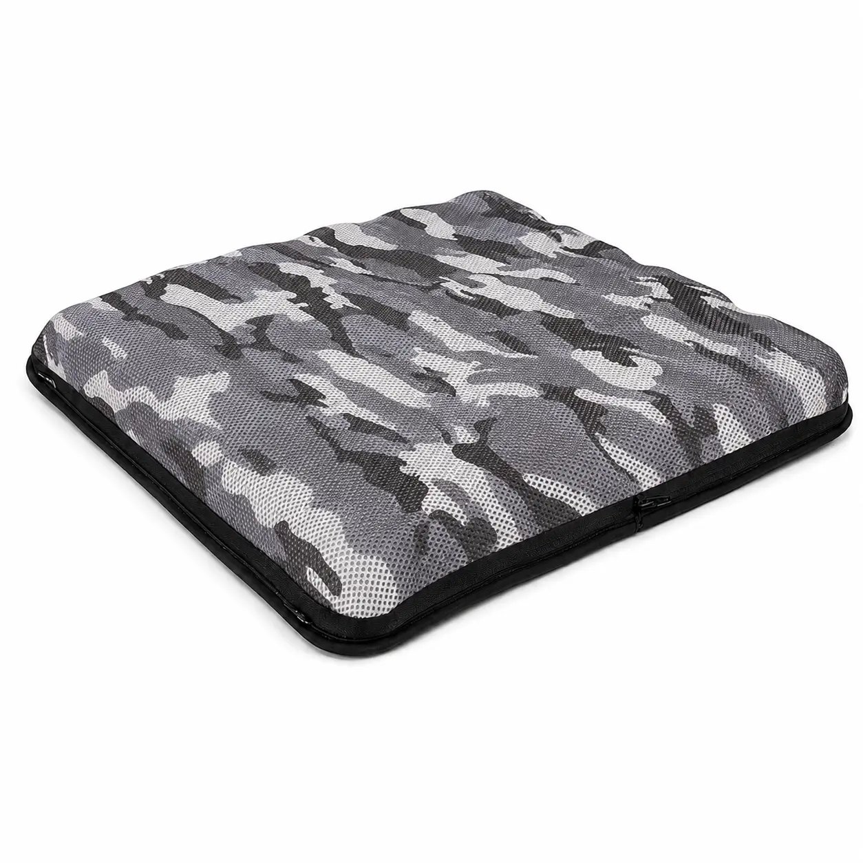 Side profile of Gray Camouflage air seat cushion showing slim portable cushion shape and 3D mesh cover