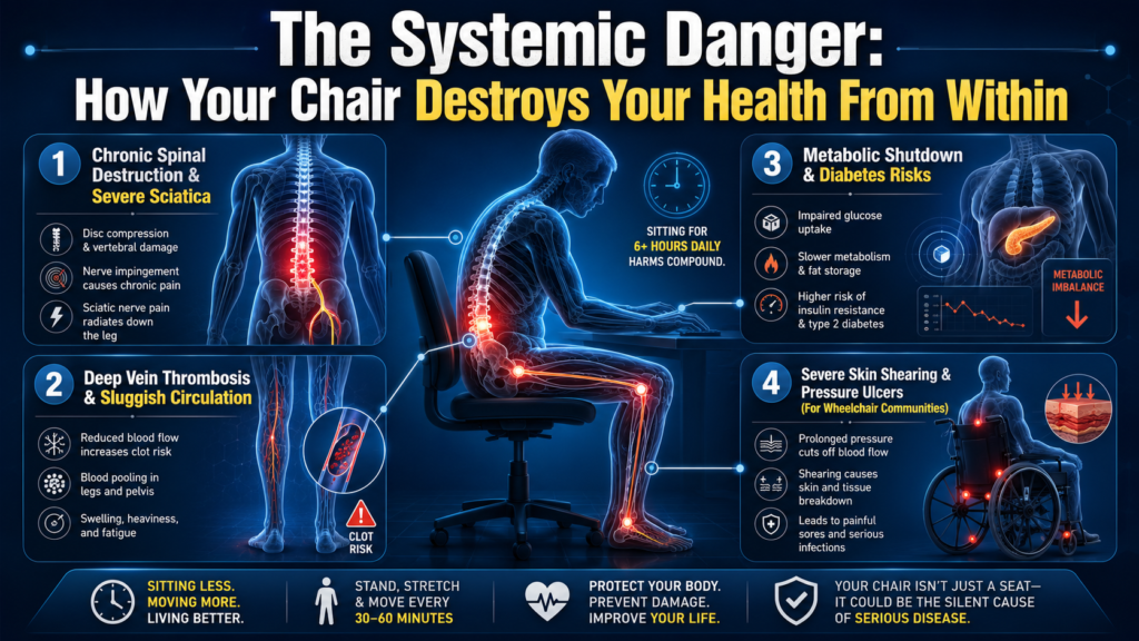 Health risks linked to prolonged sitting and poor pressure distribution.