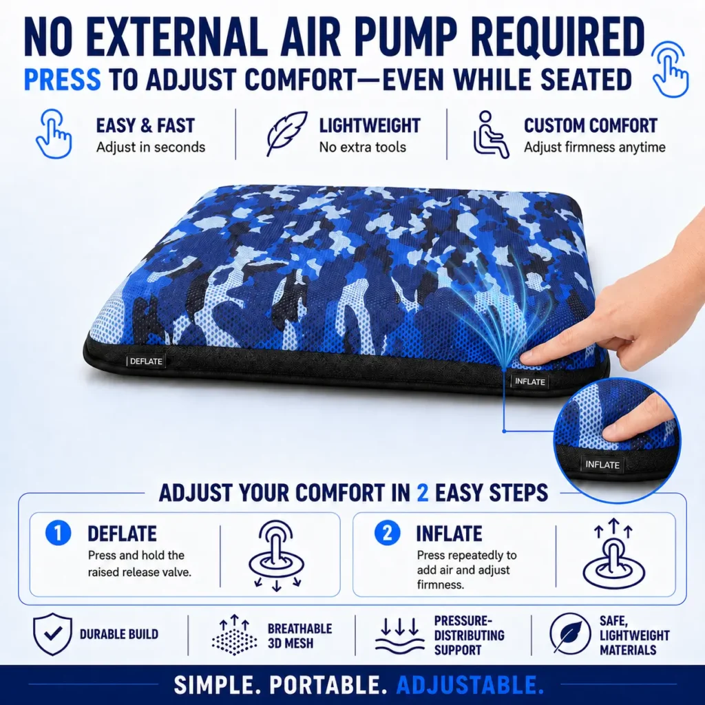 Manual inflation controls on AJ Blue Camouflage air seat cushion for adjustable firmness