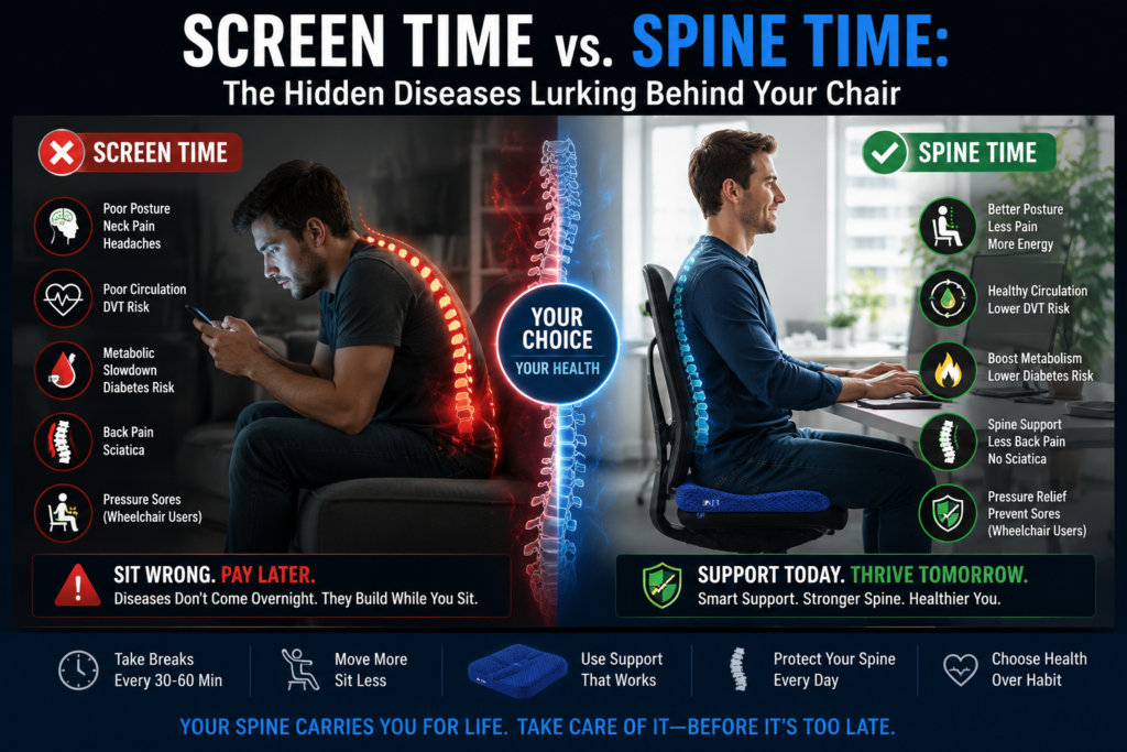 Screen time versus spine time infographic comparing poor sitting posture with ergonomic sitting and air cushion support