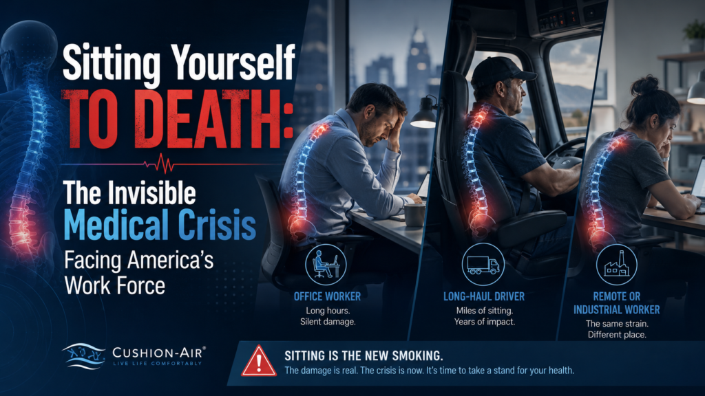 Sitting health risks affecting office workers, drivers, and remote professionals.