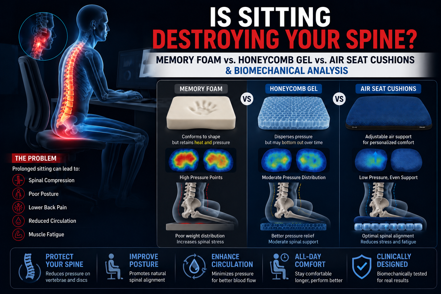 Is Sitting Destroying Your Spine? Memory Foam vs. Honeycomb Gel vs. Air Seat Cushions & Biomechanical Analysis