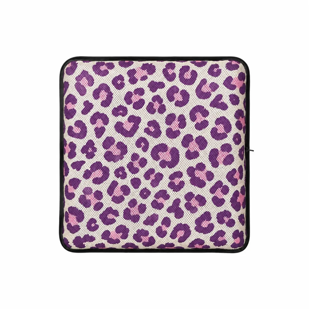 AJ Air Cushion 3D mesh seat cushion with a purple leopard pattern, shown from above.