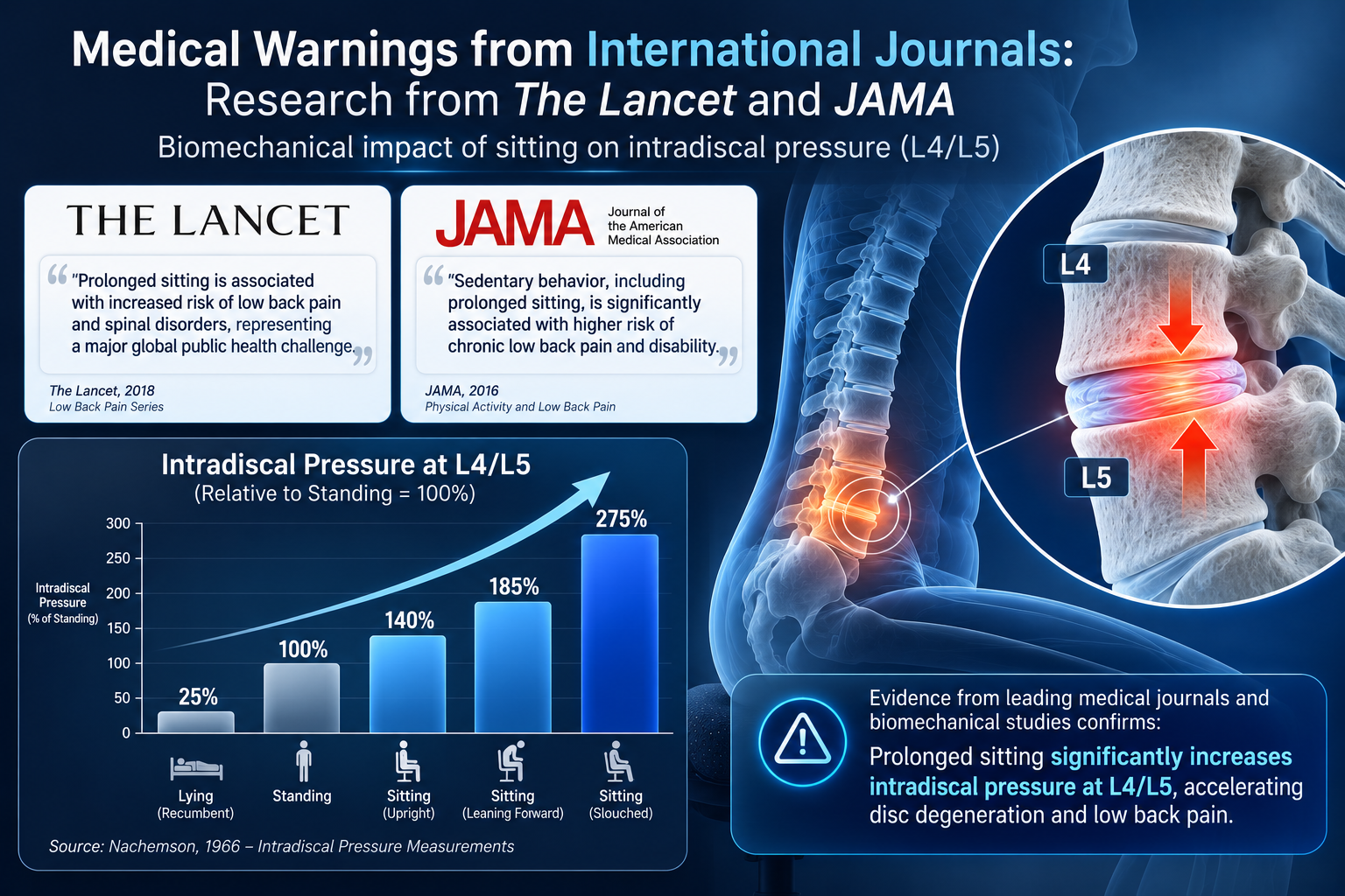 Medical journal sitting pressure infographic showing intradiscal pressure at L4 L5