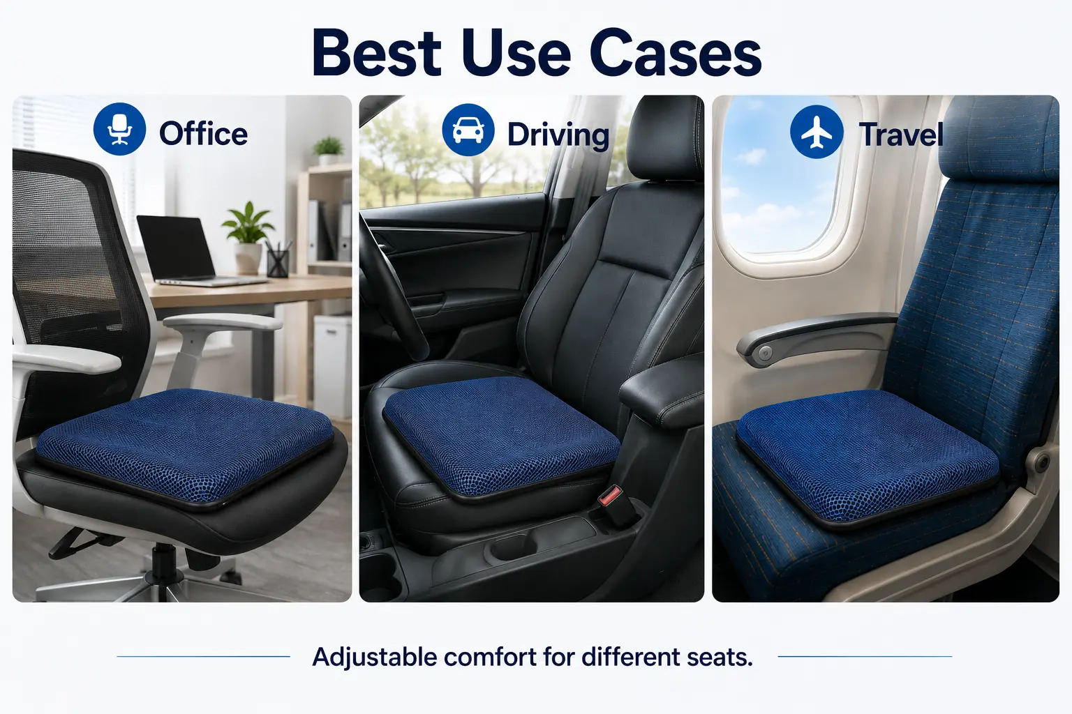 Blue AJ Air Cushion shown on an office chair, car seat and airplane seat.