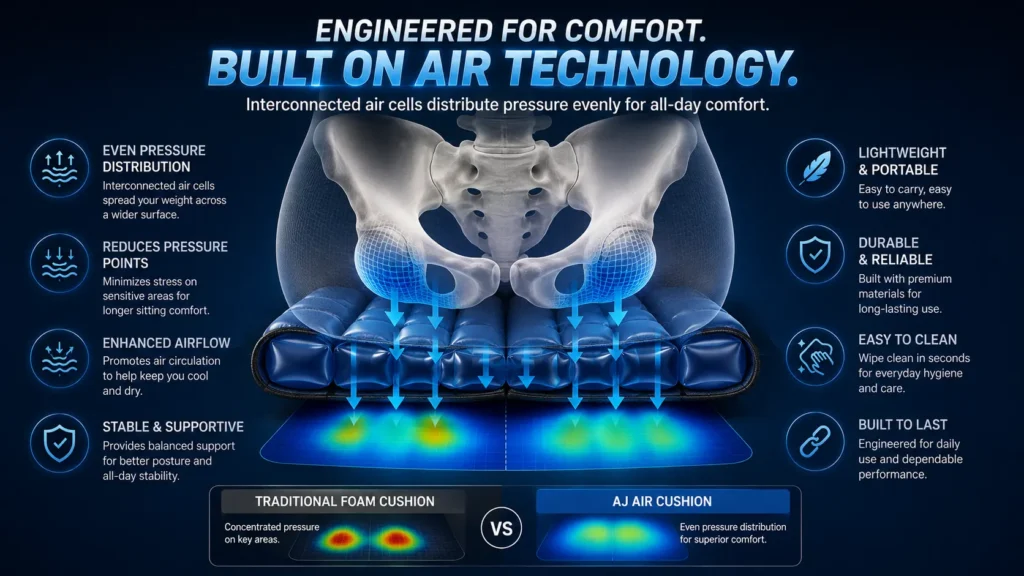 Air cell seat cushion pressure redistribution and seated interface biomechanics