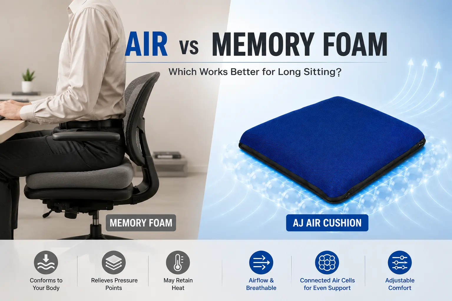 Memory foam office seat compared with a blue AJ Air Cushion for long sitting.