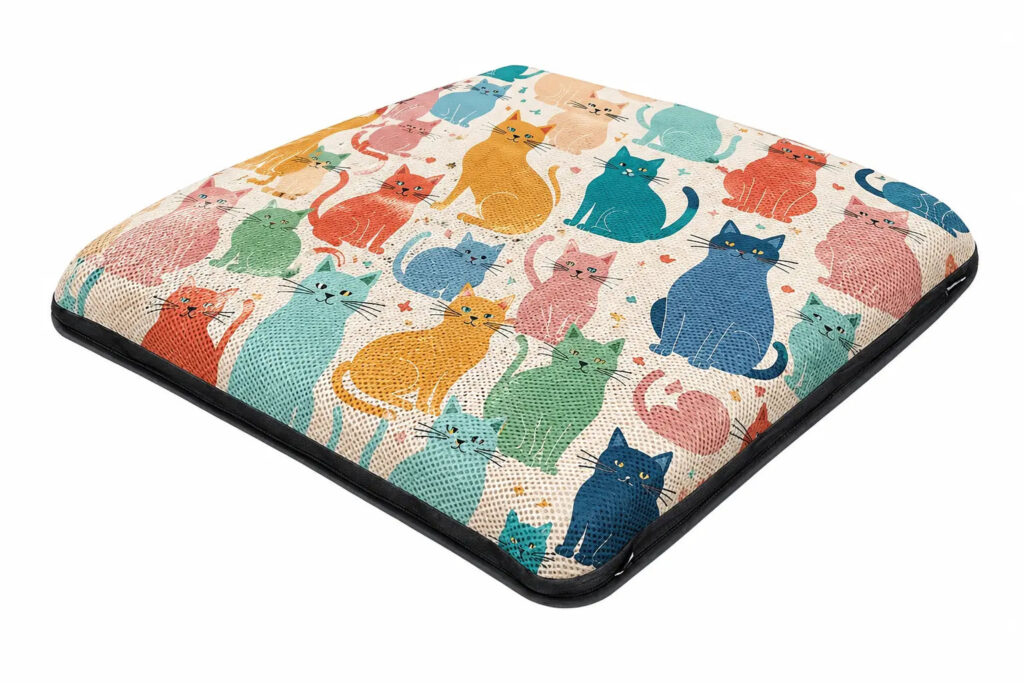 AJ Air Cushion 3D mesh seat cushion with colorful illustrated cats on the mesh cover.