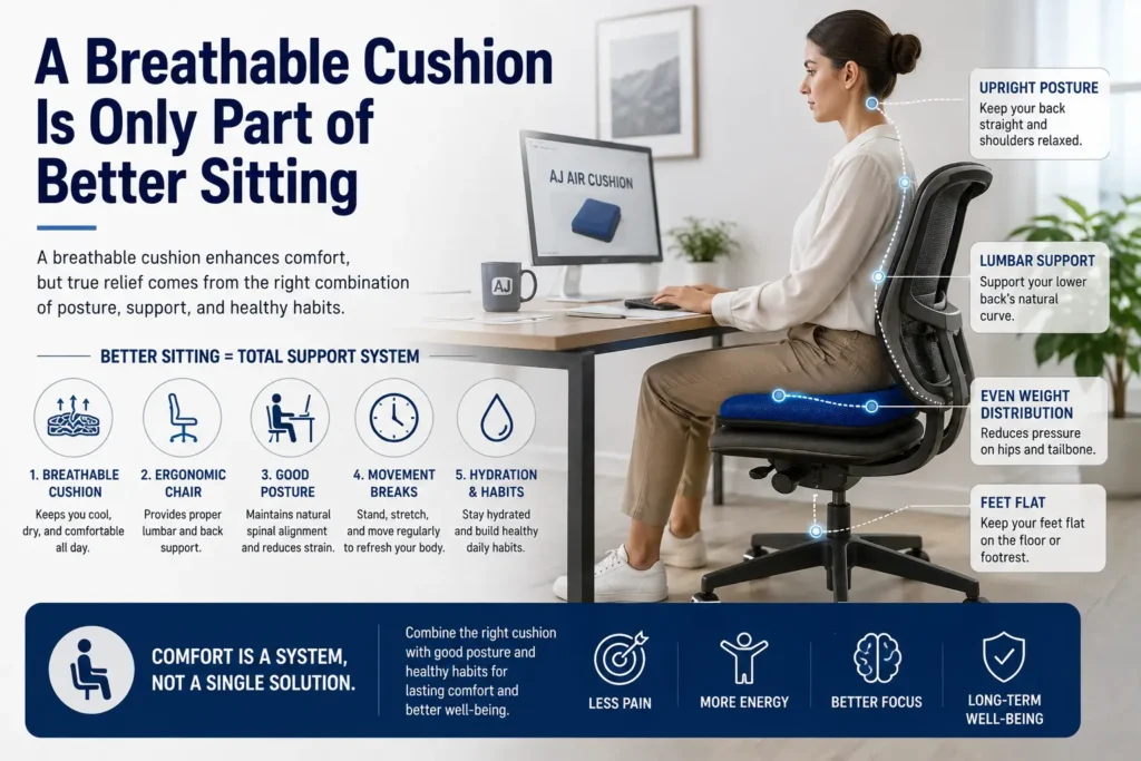 An educational banner titled "A Breathable Cushion Is Only Part of Better Sitting" showing a woman with perfect posture on a blue AJ air cushion.