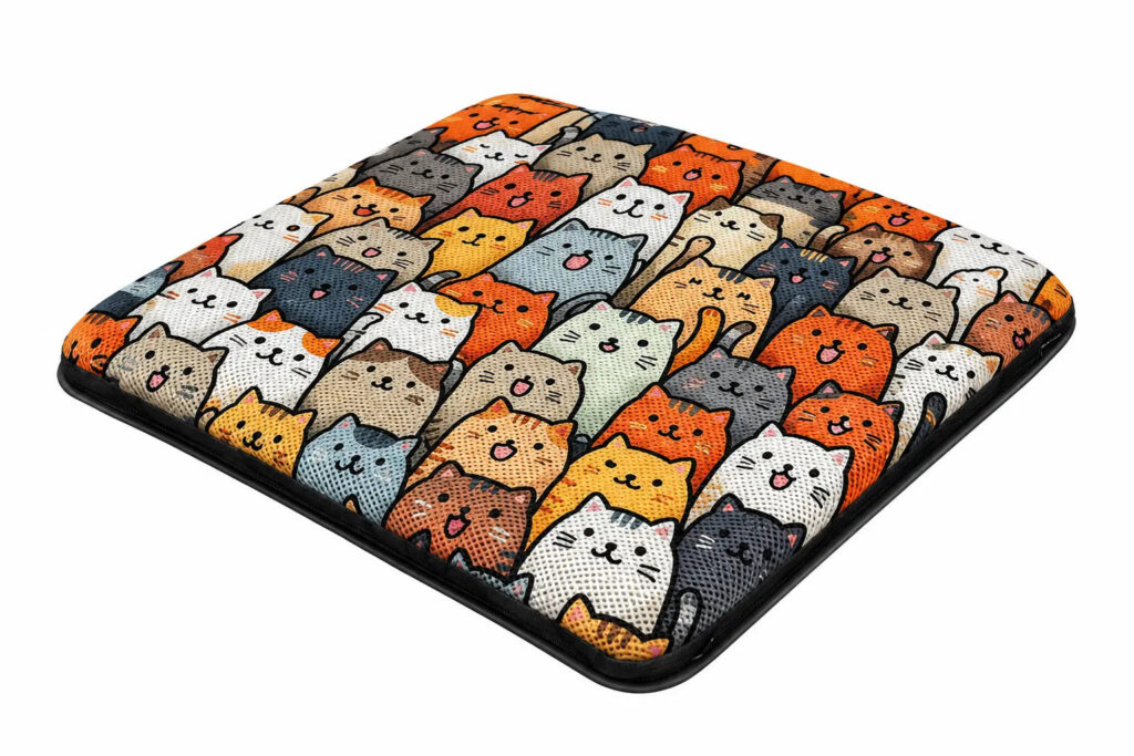 AJ Air Cushion 3D mesh seat cushion with a crowd of colorful kitten illustrations.