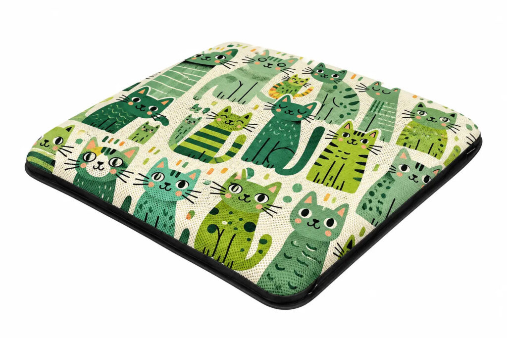 AJ Air Cushion 3D mesh seat cushion with whimsical green cat illustrations.