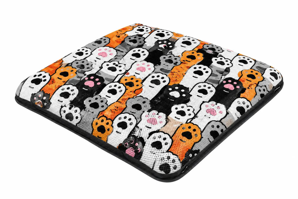 AJ Air Cushion 3D mesh seat cushion with black, white and orange paw prints.
