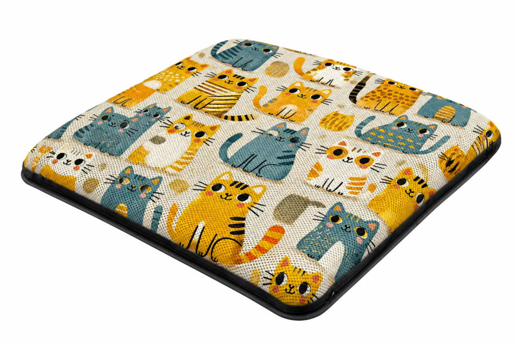 AJ Air Cushion 3D mesh seat cushion with a colorful illustrated cat parade pattern.