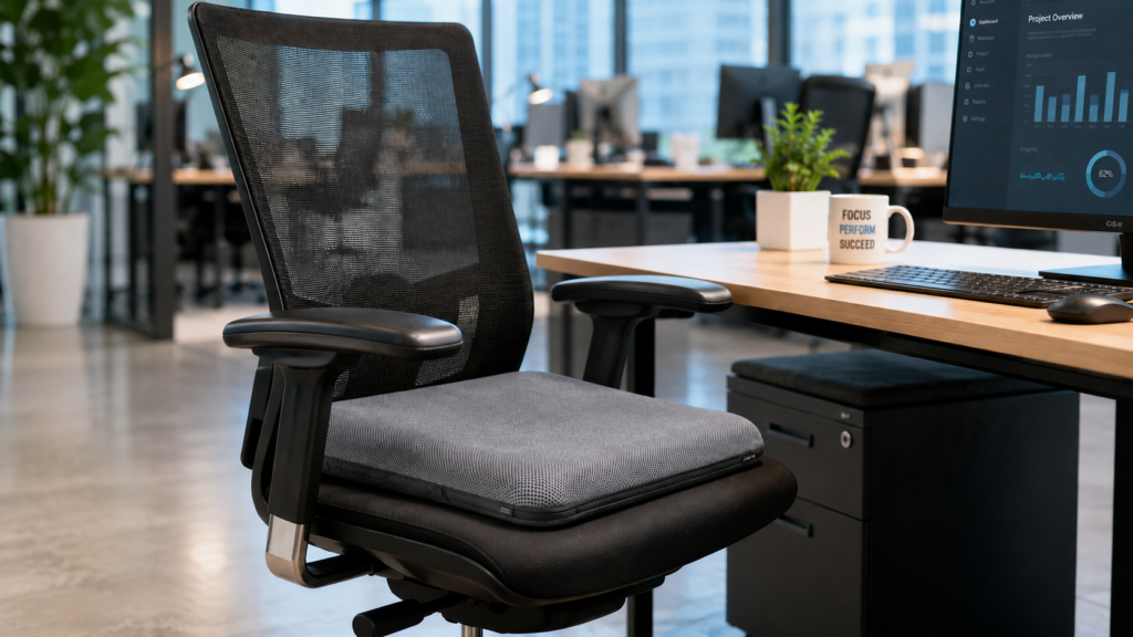 A grey AJ air cushion placed on a black mesh ergonomic office chair at a modern workstation desk.