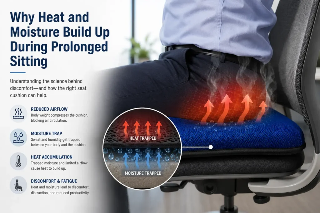 An educational graphic illustrating how heat and moisture get trapped during prolonged sitting, causing discomfort, fatigue, and reduced office productivity.