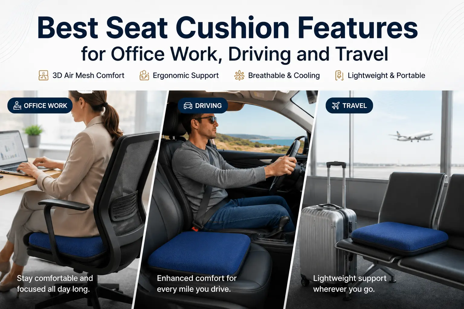 Adjustable breathable air seat cushion for office work, driving and travel