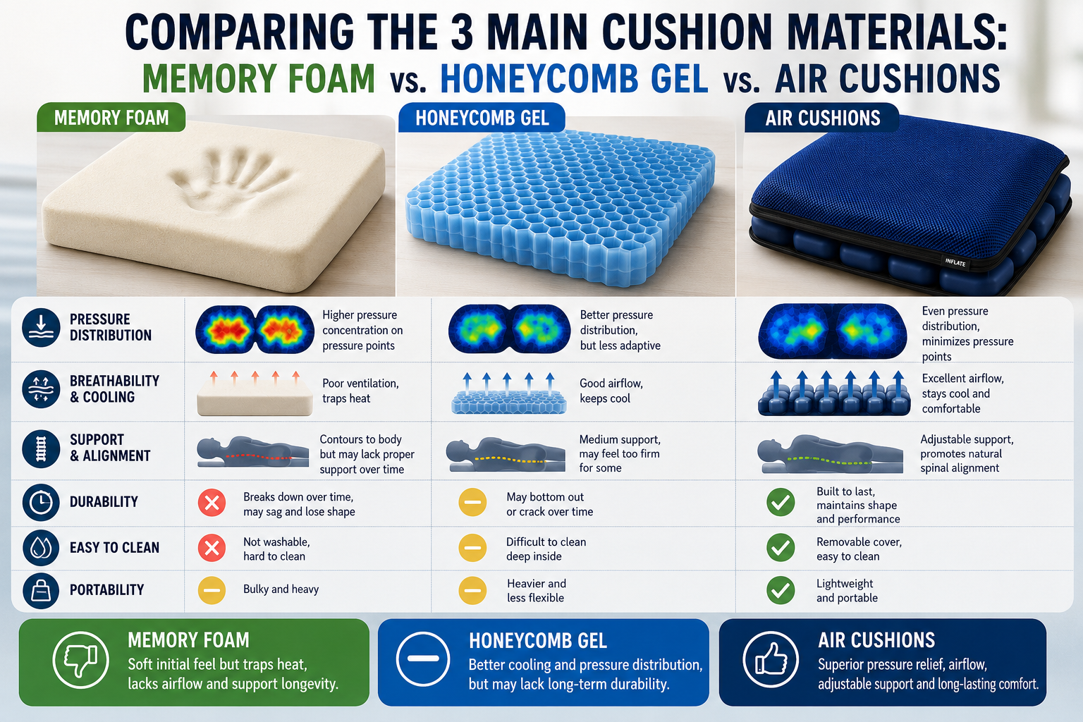 Comparison chart of memory foam honeycomb gel and air cushions for pressure distribution breathability and support