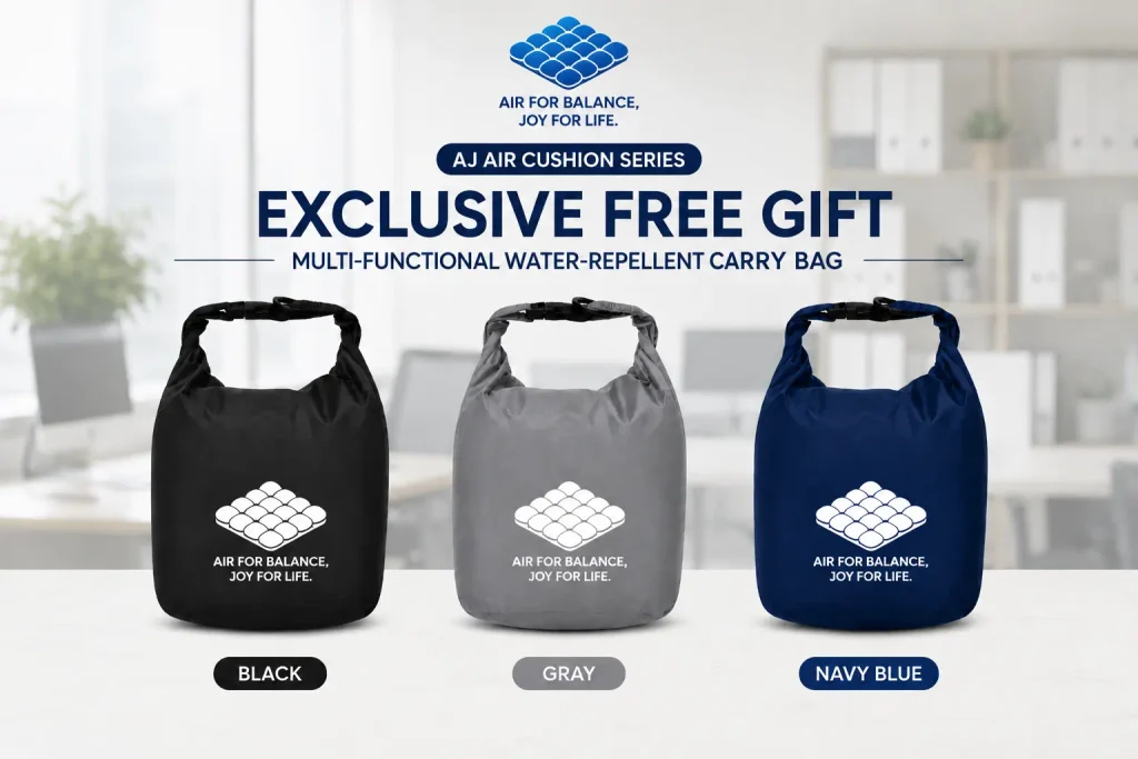 AJ AIR CUSHION complimentary water-repellent carry bags in black, gray and navy blue