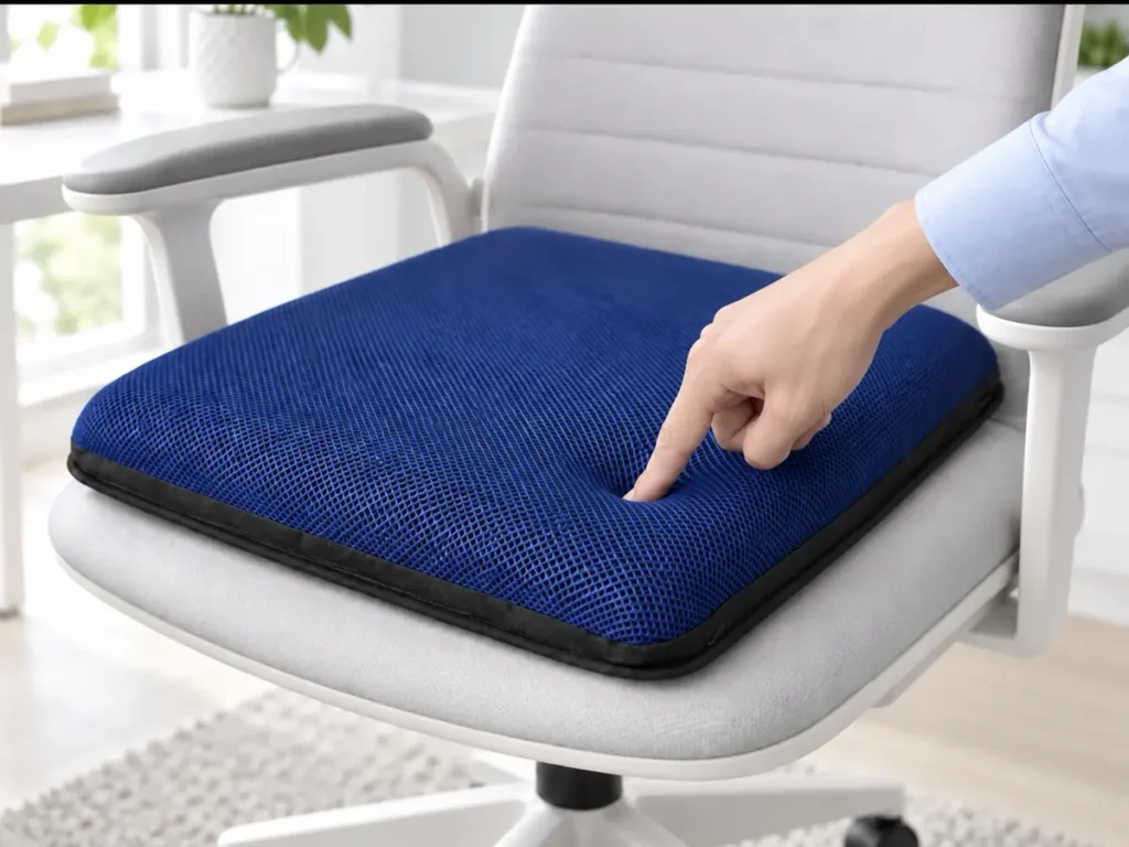 Hand pressing the hidden built-in pump beneath the lower-right mesh of a Navy Blue AJ Air Seat Cushion